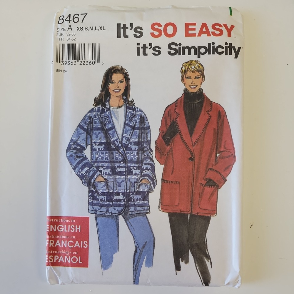 Vintage Simplicity 8467 Womens Easy Jacket Coat Sewing Pattern XS-XL UNCUT